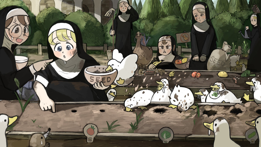 6+boys, ^_^, animal_on_head, apple, banana, bandaid, bib, bird