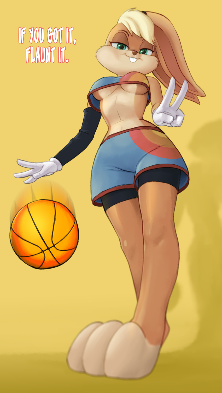 1girl, animal_nose, barefoot, basketball, basketball_uniform, bike_shorts, bike_shorts_under_shorts, blonde_hair, body_fur, breasts, buck_teeth, commentary, crop_top, detached_sleeves, dribbling, english_commentary, english_text, eyeshadow, from_below, full_body, furry, gloves, green_eyes, highres, lola_bunny, looking_at_viewer, looney_tunes, makeup, medium_breasts, no_bra, oversized_limbs, rabbit_girl, short_hair, shorts, single_detached_sleeve, solo, space_jam, space_jam:_a_new_legacy, sportswear, tony_kuusisto, toon, under_boob, v, white_gloves