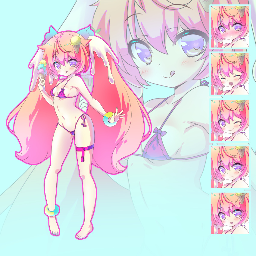 1girl, :q, absurdres, bikini, breasts, character_sheet, food, hair_ornament