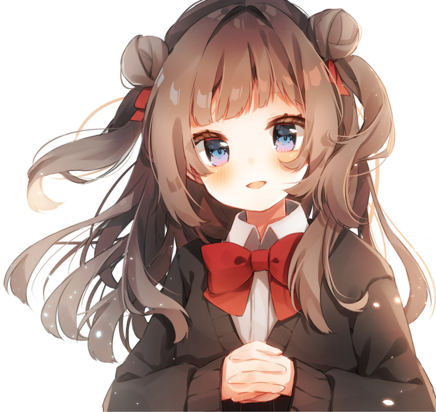 bangs, black_cardigan, blue_eyes, blush, bow, bowtie, brown_hair, cardigan