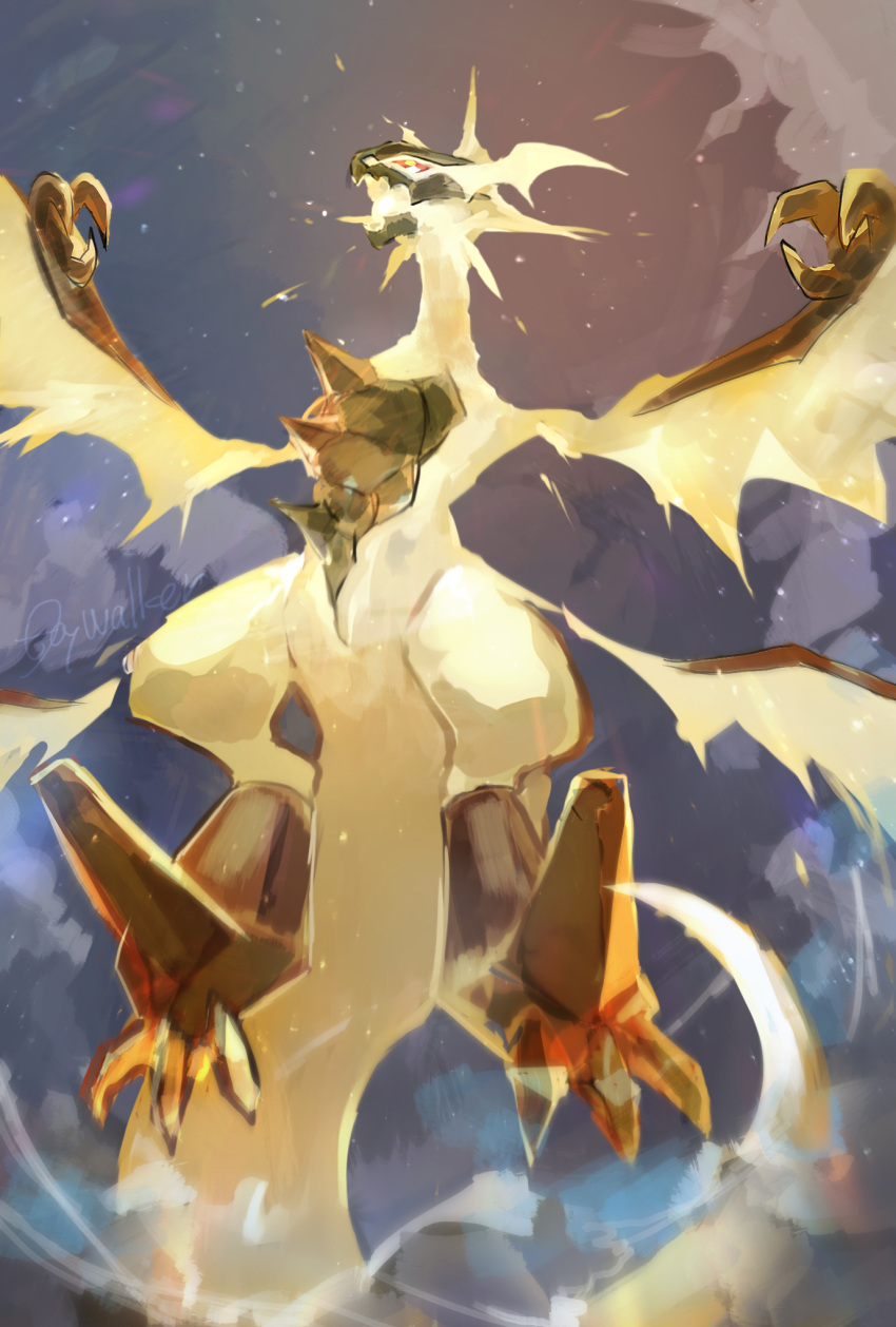 arms_up, artist_name, blue_eyes, claws, clouds, colored_sclera, commentary_request, day_walker1117