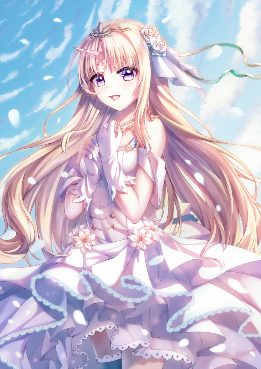 1girl, bangs, blonde_hair, chinese_commentary, civia, clouds, dress, eyebrows_visible_through_hair