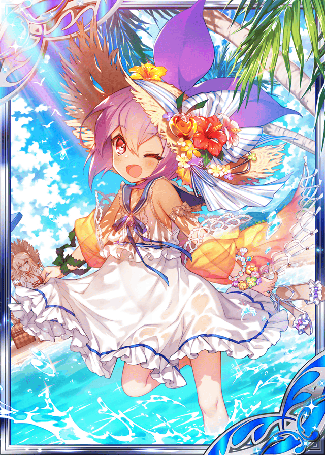 2girls, age_of_ishtaria, bare_shoulders, blue_sky, collaboration, dress, flower, flower_hat, hat, heart, lu_hpink, meru_(age_of_ishtaria), multiple_girls, official_art, one_eye_closed, open_mouth, over_water, pink_hair, red_eyes, ribbon, salix_(age_of_ishtaria), sandals, shinkai_no_valkyrie, short_hair, sky, straw_hat, striped, striped_ribbon, summer, sundress, sunlight, white_dress, white_ribbon
