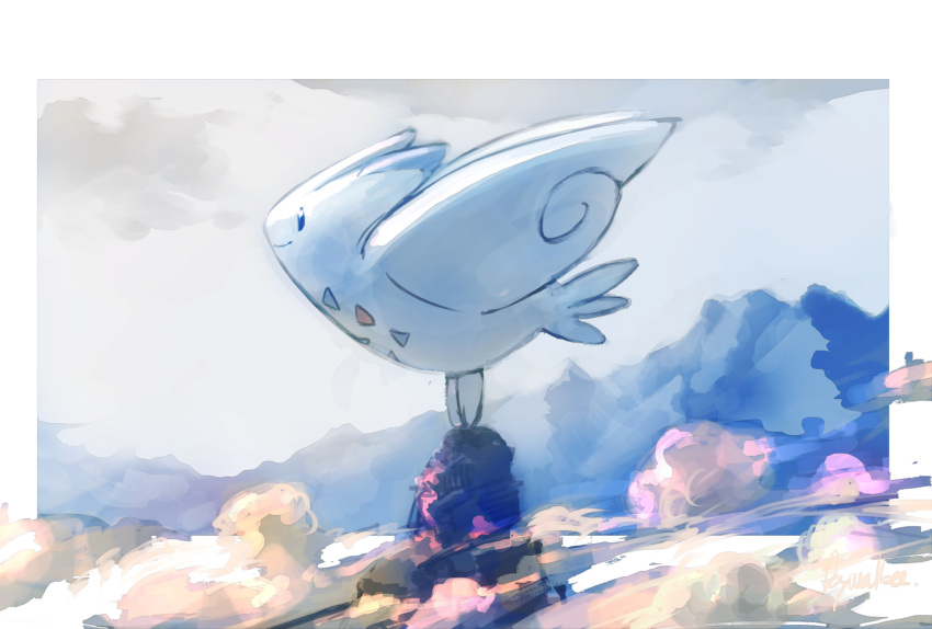 animal_focus, artist_name, black_eyes, blank_eyes, border, closed_mouth, clouds, commentary