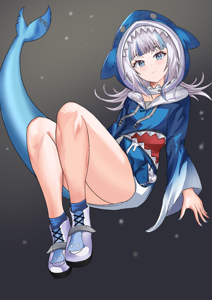 1girl, absurdres, animal_costume, animal_hood, bangs, black_background, blue_eyes, blue_hair, blue_hoodie, blue_nails, blunt_bangs, commentary, english_commentary, fish_tail, flat_chest, floating, gawr_gura, highres, hitagi_otonashi, hololive, hololive_english, hood, hoodie, long_sleeves, looking_at_viewer, medium_hair, multicolored_hair, shark_costume, shark_girl, shark_hood, shark_tail, shoes, silver_hair, sneakers, solo, stitches, streaked_hair, tail, virtual_youtuber, white_footwear, wide_sleeves