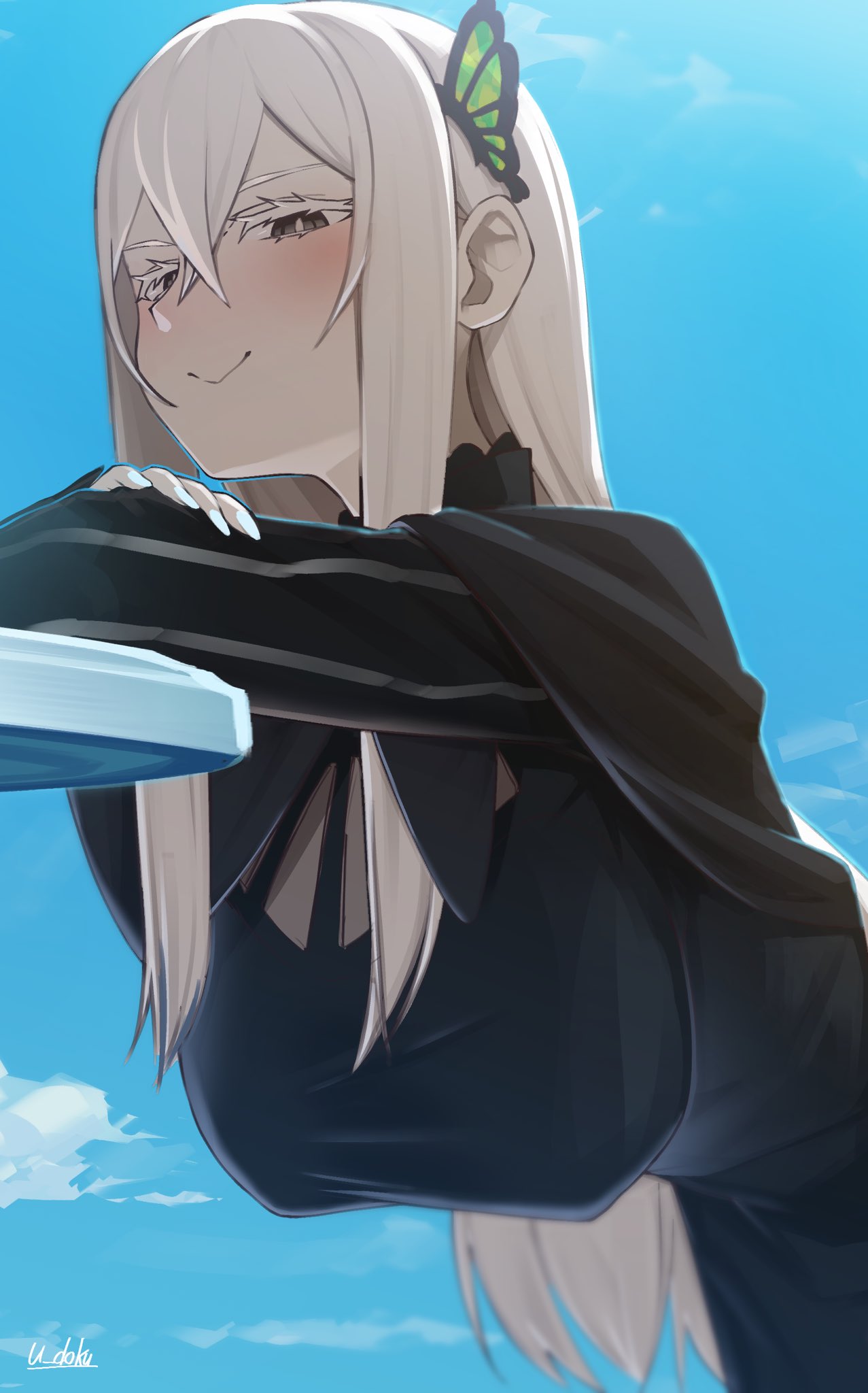 1girl, black_capelet, black_dress, breasts, bright_pupils, bug, butterfly, butterfly_hair_ornament