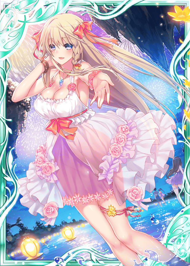 1boy, 3girls, age_of_ishtaria, arm_behind_head, beach, blonde_hair, blue_eyes, braid