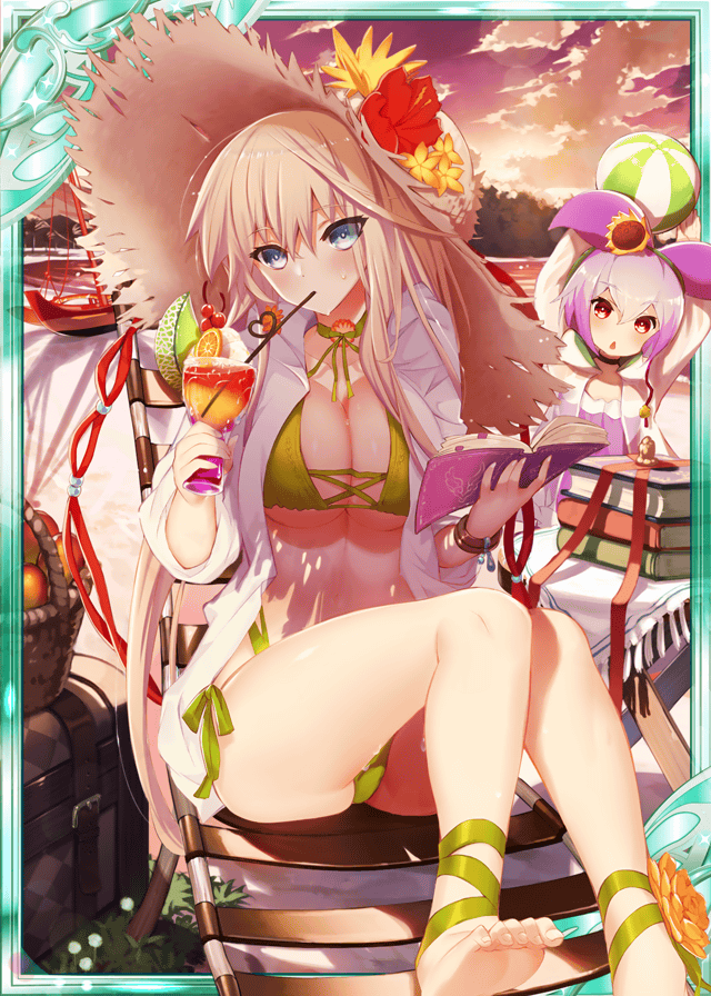 2girls, age_of_ishtaria, ball, basket, beach, beach_chair, beachball, bikini