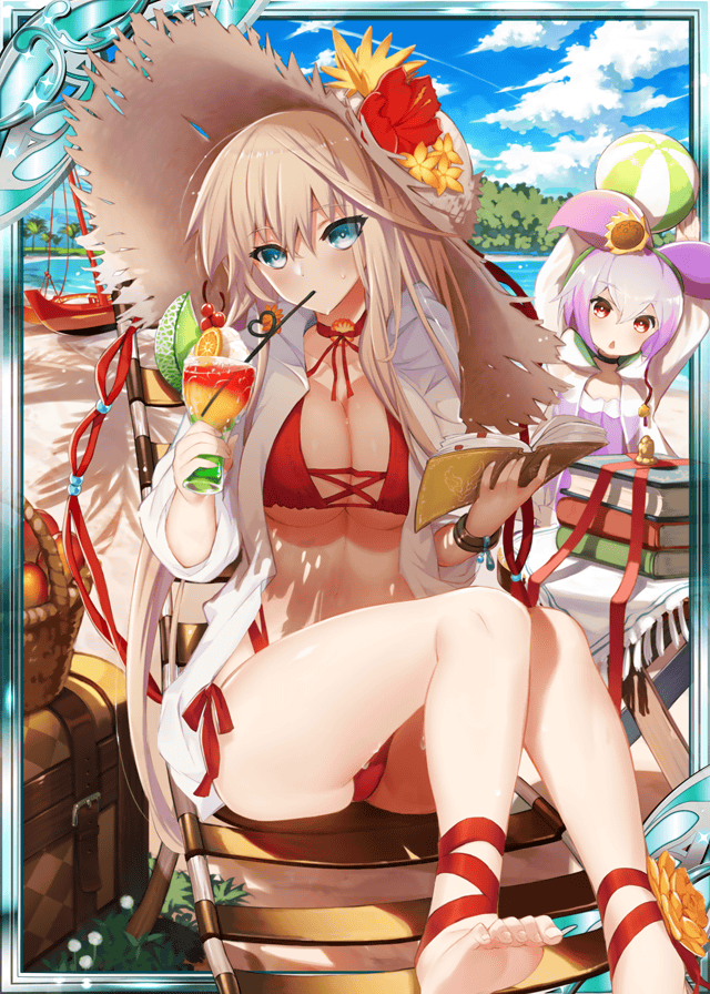 2girls, age_of_ishtaria, ball, basket, beach, beach_chair, beachball, bikini, blonde_hair, blue_eyes, blue_sky, book, collaboration, cup, drinking, drinking_straw, flower_hat, food, hat, heart, holding, holding_book, holding_cup, long_hair, looking_at_viewer, lu_hpink, meru_(age_of_ishtaria), multiple_girls, official_art, pink_hair, red_bikini, red_eyes, salix_(age_of_ishtaria), shinkai_no_valkyrie, ship, sitting, sky, straw_hat, summer, swimsuit, treasure_chest, watercraft