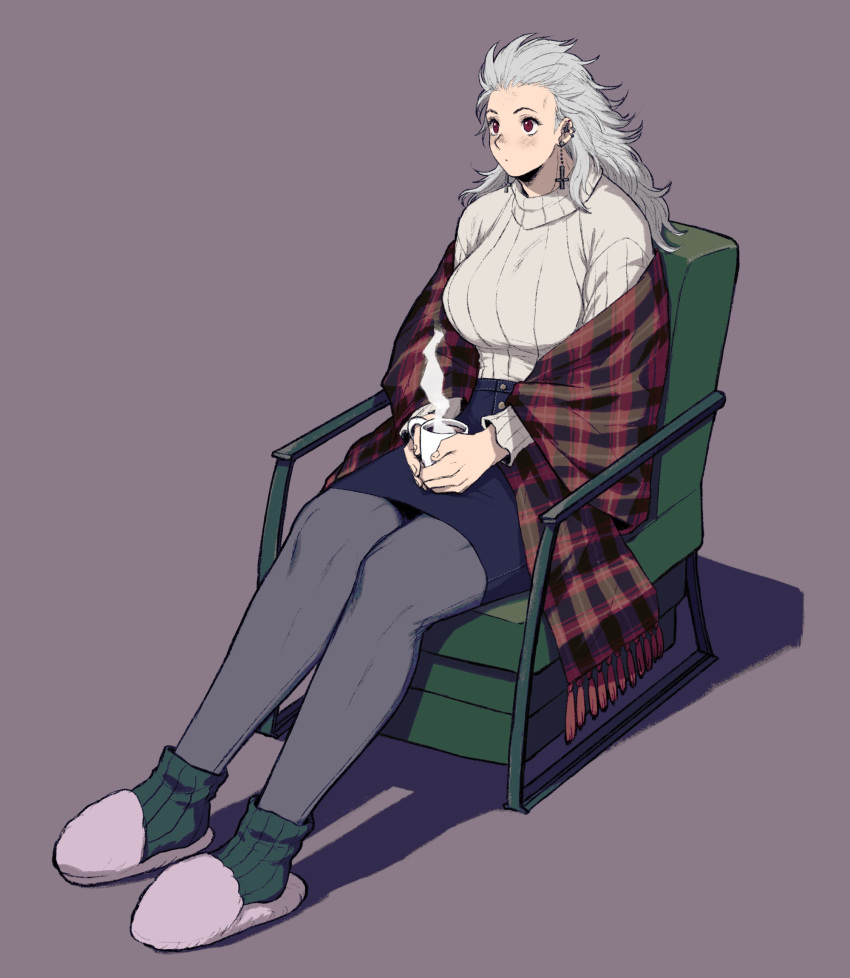1girl, bangs, blush, breasts, chair, coffee, dorohedoro, earrings, full_body, highres, jewelry, ki_(mxxxx), long_hair, noi_(dorohedoro), pantyhose, pencil_skirt, red_eyes, simple_background, skirt, solo, sweater, white_hair