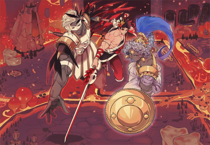 07newb_pochip, 1girl, 2boys, ares_(hades), arm_wrap, armlet, armor, athena_(hades)