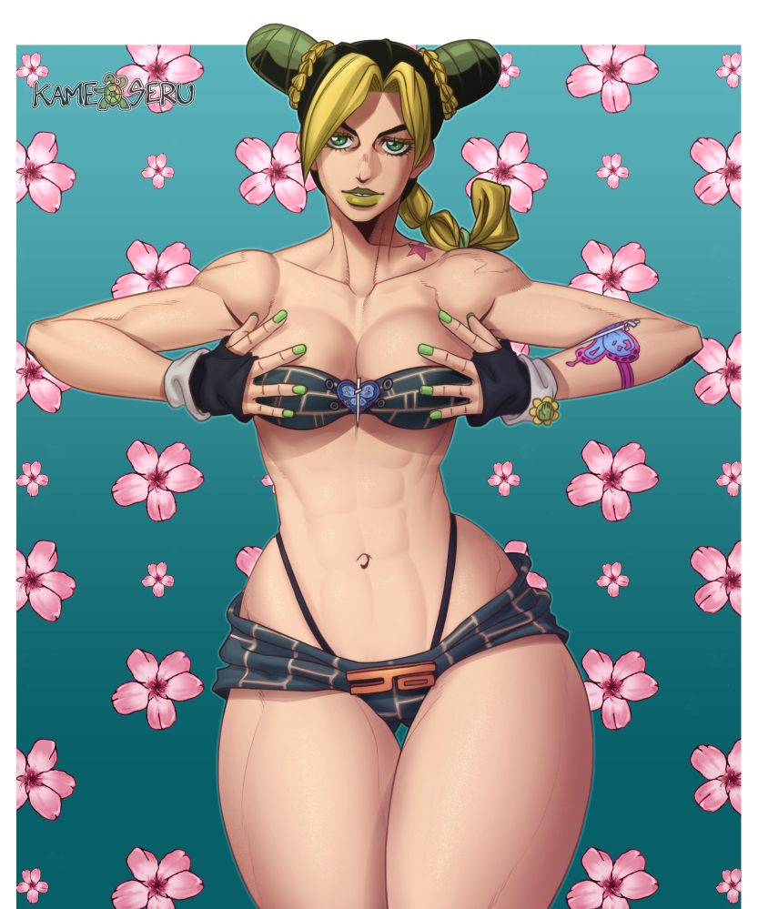 1girl, abs, black_hair, blonde_hair, blush, braid, breasts, double_bun, green_hair, hair_cones, halter_top, halterneck, hat, jojo_no_kimyou_na_bouken, kameseru, kujo_jolyne, lipstick, long_hair, looking_at_viewer, makeup, multicolored_hair, ponytail, simple_background, smile, solo, two-tone_hair