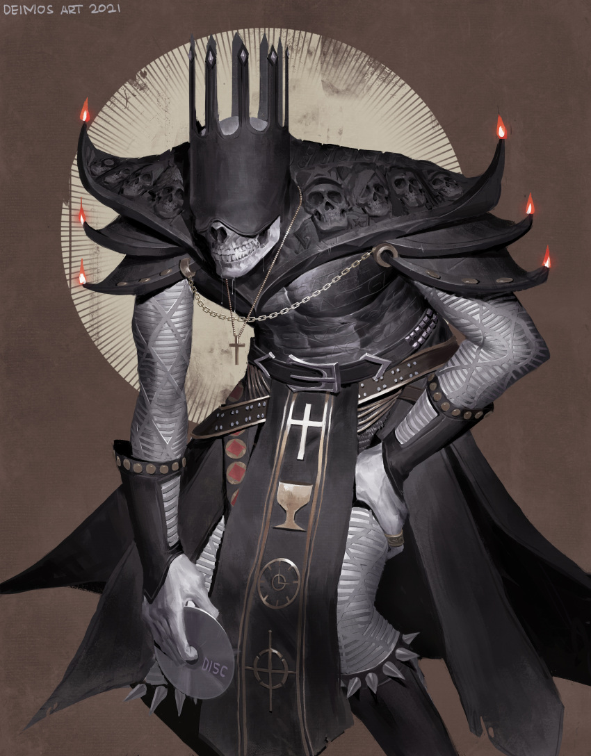 1other, absurdres, adapted_costume, artist_name, belt, belt_buckle, black_belt, black_footwear, boots, bracer, buckle, cd, chain, colored_skin, commentary, covered_eyes, cross, cross_necklace, crown, deimos_art, drooling, english_commentary, feet_out_of_frame, fire, flame, hand_on_own_thigh, highres, holding_cd, hunched_over, jewelry, jojo_no_kimyou_na_bouken, knee_boots, latin_cross, necklace, other_focus, pelvic_curtain, ring, saliva, skull, solo, spiked_boots, spiked_footwear, stand_(jojo), stone_ocean, studded_belt, teeth, waist_cape, white_skin, whitesnake_(stand)