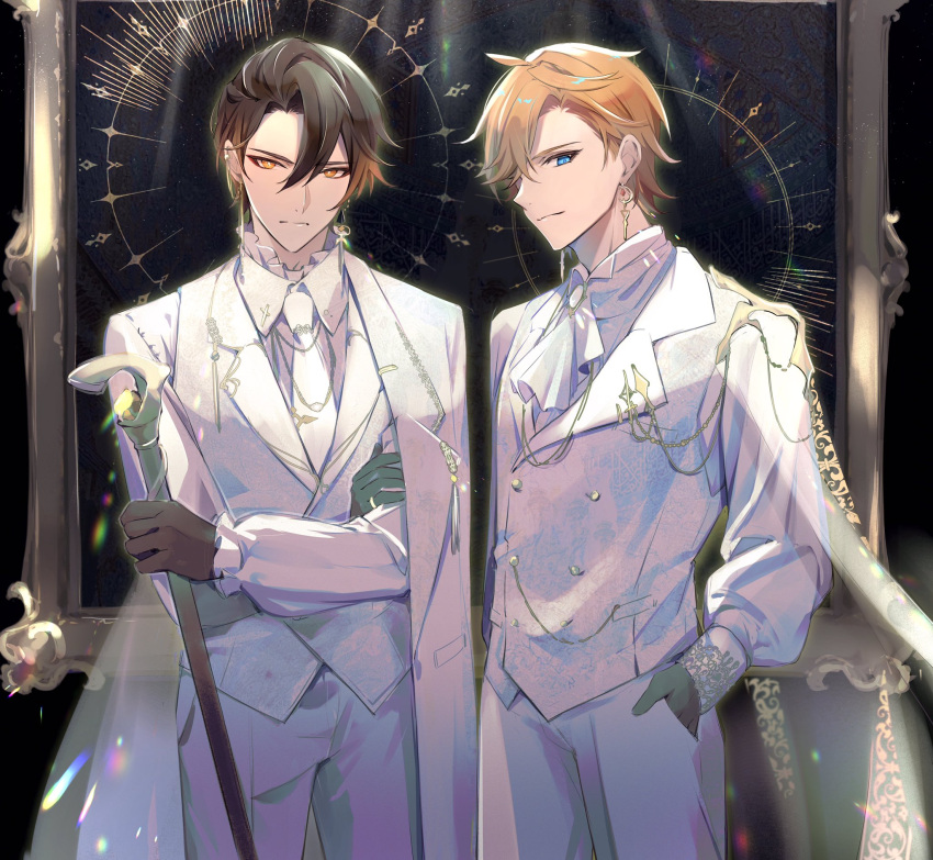 2boys, alternate_costume, alternate_hair_length, alternate_hairstyle, black_gloves, blue_eyes, bright_pupils, brooch