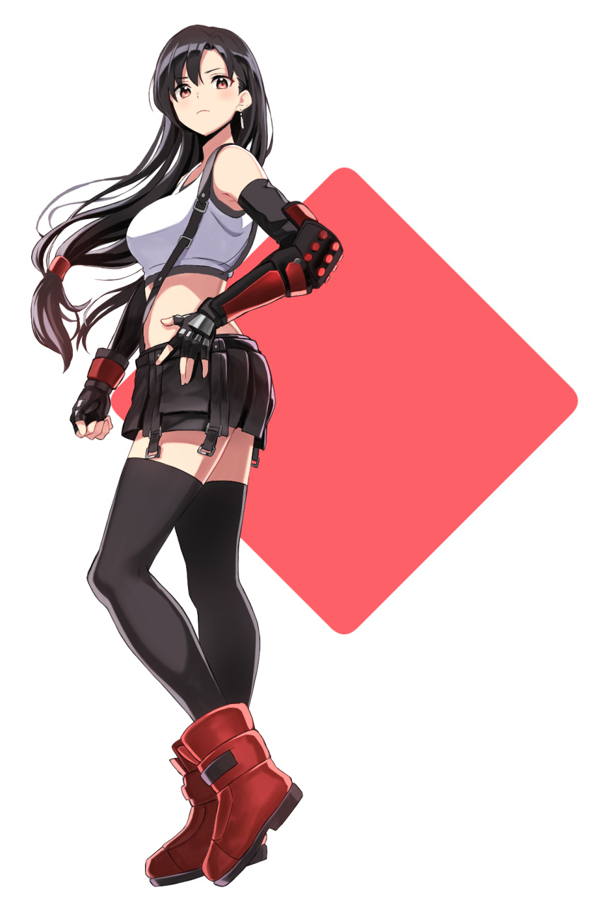 1girl, armor, bangs, black_hair, black_legwear, black_skirt, boots, breasts, closed_mouth, commentary_request, earrings, elbow_gloves, elbow_pads, final_fantasy, final_fantasy_vii, final_fantasy_vii_remake, fingernails, from_side, full_body, gloves, highres, hirono_(hxze4434), jewelry, long_hair, looking_at_viewer, low-tied_long_hair, medium_breasts, midriff, miniskirt, red_eyes, shiny, shiny_hair, simple_background, skirt, solo, standing, suspender_skirt, suspenders, tank_top, thigh-highs, tifa_lockhart, white_background, white_tank_top, zettai_ryouiki
