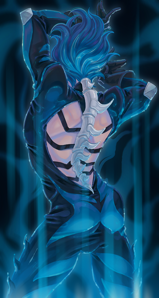 adam_(sk8), arched_back, arms_up, ass, backless_outfit, black_bodysuit, blue_hair, bodysuit