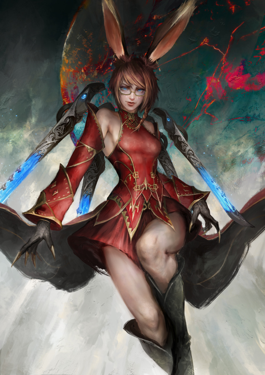 1girl, animal_ears, bangs, blue_eyes, boots, breasts, brown_hair, claws