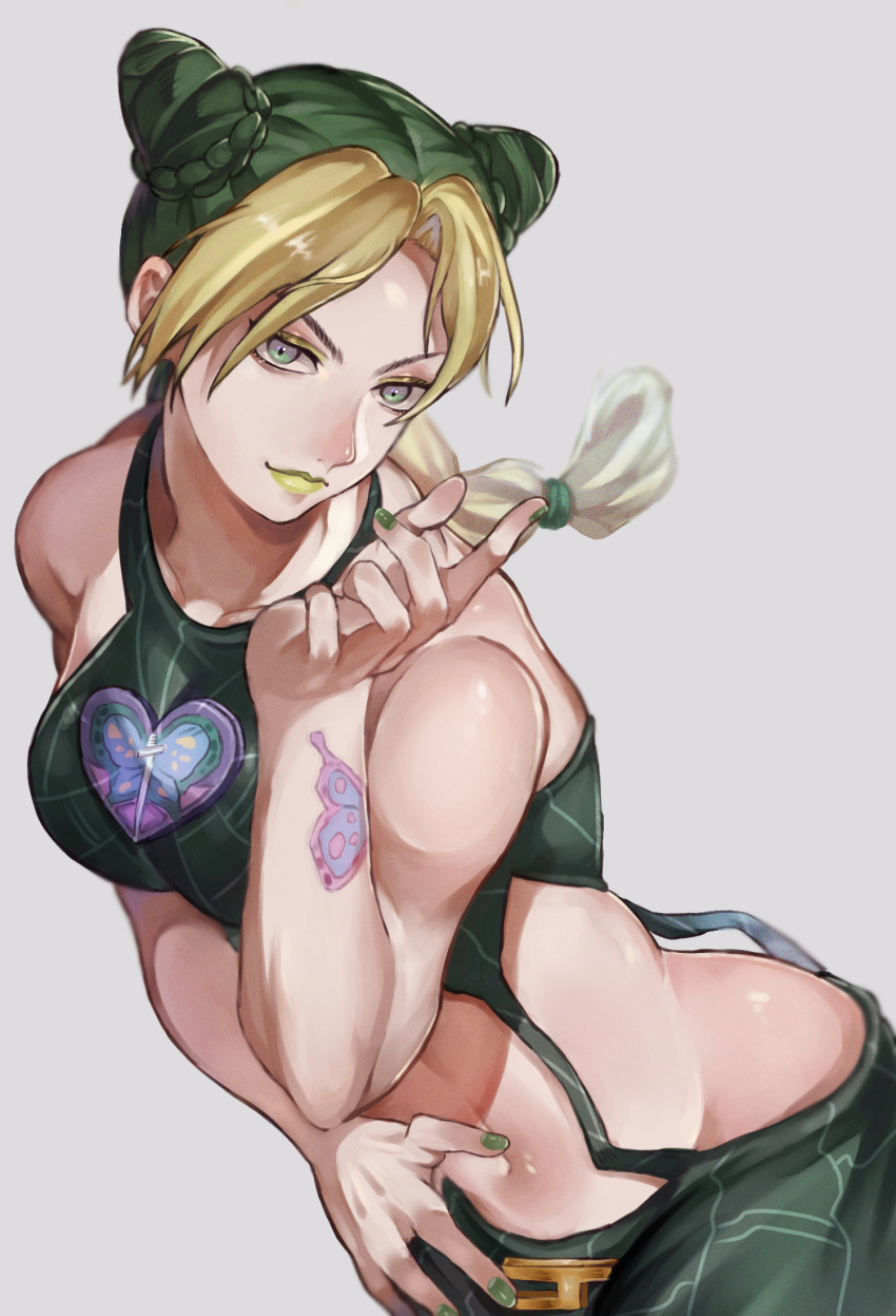 1girl, black_hair, blonde_hair, braid, brooch, double_bun, green_eyes, green_hair, hair_cones, halter_top, halterneck, highres, jewelry, jojo_no_kimyou_na_bouken, kujo_jolyne, lipstick, looking_at_viewer, makeup, midriff, multicolored_hair, navel_piercing, piercing, ponytail, smile, solo, stone_ocean, tattoo, tomaton_(t_0), two-tone_hair