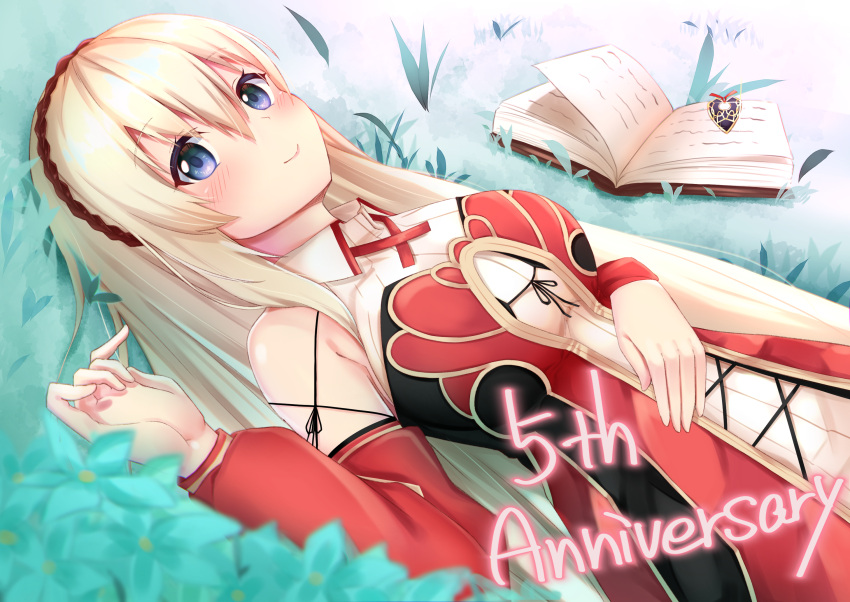 1girl, bangs, blonde_hair, blue_eyes, blush, book, closed_mouth, collared_dress, detached_sleeves, dress, grimms_notes, hair_between_eyes, hairband, hand_on_own_stomach, highres, long_hair, looking_at_viewer, lying, miki_miki, on_back, on_grass, open_book, red_dress, red_sleeves, reina_(grimms_notes), ribbed_dress, sleeveless, sleeveless_dress, smile, solo, wing_collar