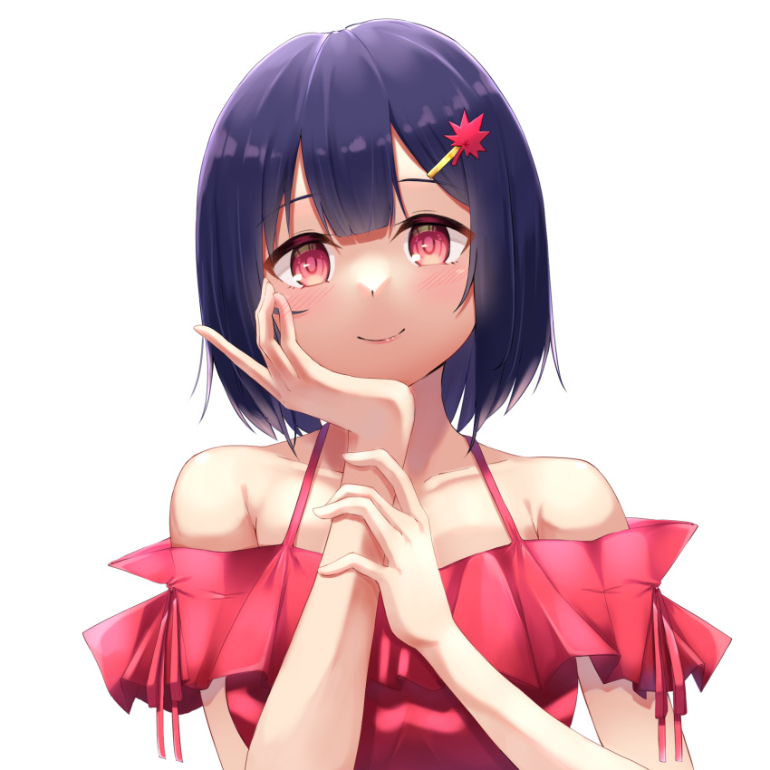 1girl, bangs, bare_arms, bare_shoulders, black_hair, blush, bob_cut, closed_mouth