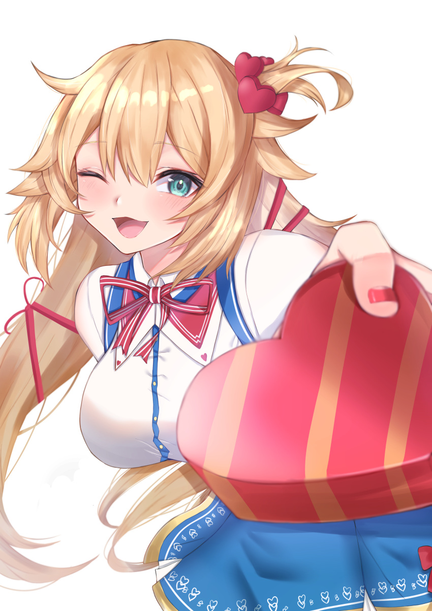 1girl, ;d, absurdres, akai_haato, aqua_eyes, bangs, blonde_hair, blue_skirt
