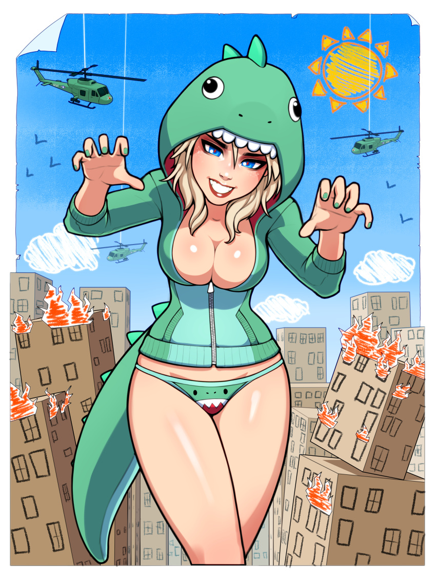 1girl, absurdres, animal_hood, bare_legs, blonde_hair, blue_eyes, breasts, cardboard