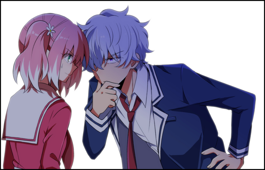 1boy, 1girl, backlighting, bangs, blue_jacket, buttons, commentary_request, dress