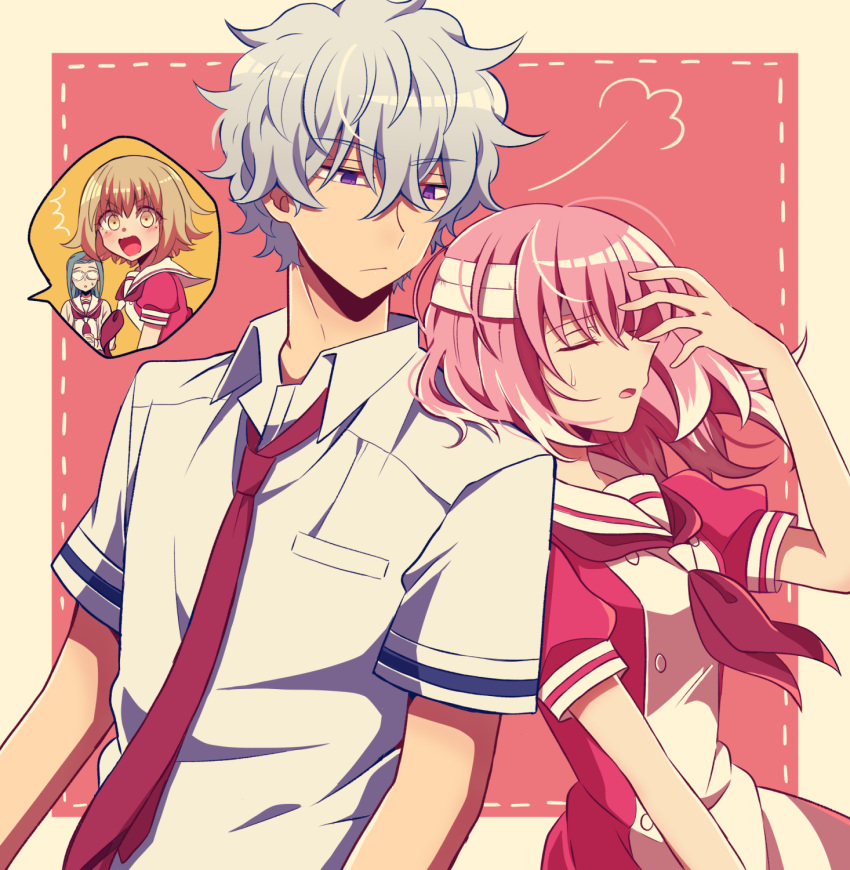 1boy, 3girls, =3, ^^^, bandaged_head, bandages, bangs, blue_hair