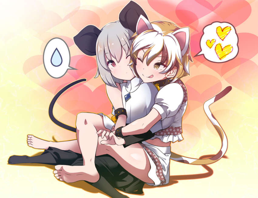 2girls, ;q, animal_ears, bangs, barefoot, black_legwear, breasts, brown_eyes