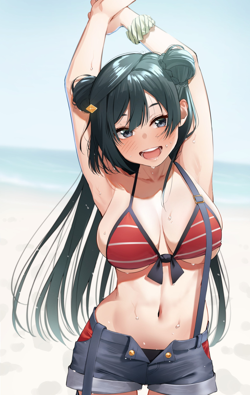 1girl, :d, absurdres, armpits, arms_up, backlighting, bangs, beach, bikini, bikini_top, black_hair, bloom, blush, braid, breasts, collarbone, commentary_request, cowboy_shot, day, denim, denim_shorts, double_bun, dutch_angle, eyebrows_behind_hair, gradient, gradient_background, highres, horizon, igarashi_kyouhei, large_breasts, long_hair, looking_at_viewer, love_live!, love_live!_nijigasaki_high_school_idol_club, navel, open_mouth, outdoors, shorts, sideboob, simple_background, sky, smile, solo, standing, suspenders, swimsuit, teeth, under_boob, very_long_hair, wet, yuuki_setsuna_(love_live!)