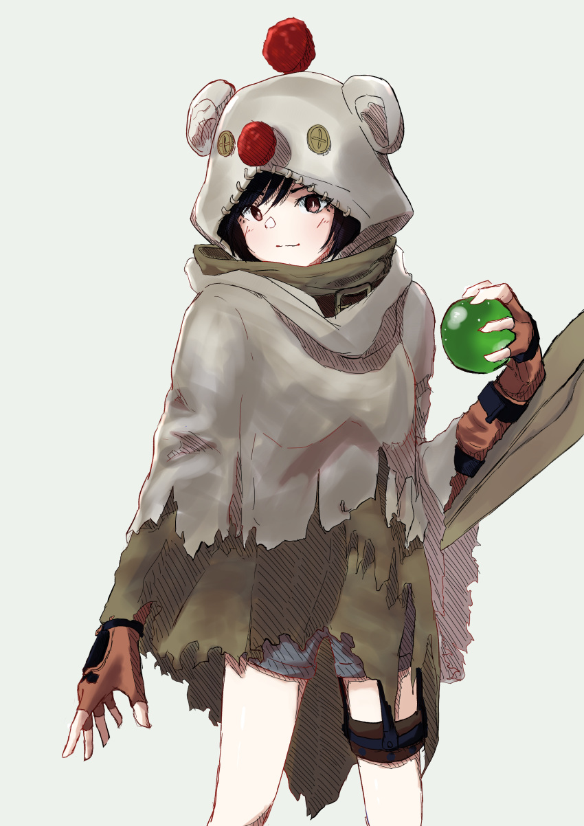 1girl, absurdres, black_hair, brown_eyes, brown_gloves, button_eyes, cloak, feet_out_of_frame, final_fantasy, final_fantasy_vii, fingerless_gloves, gloves, grey_background, grey_shorts, highres, holding, hood, hood_up, lamune_otohara, legband, light_smile, materia, moogle, short_hair, shorts, simple_background, solo, tattered_cape, yuffie_kisaragi