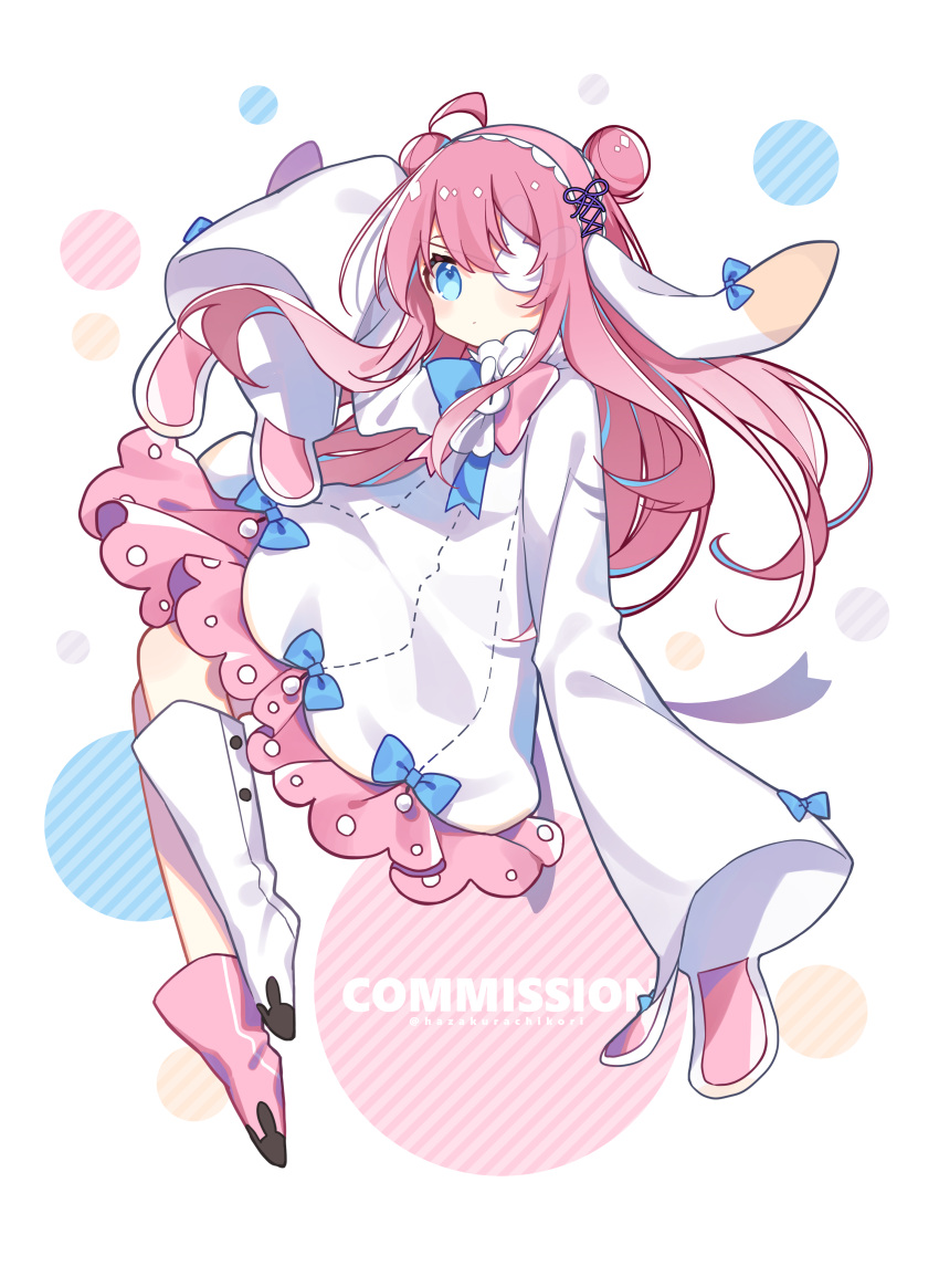 1girl, absurdres, ahoge, animal_ears, asymmetrical_footwear, bangs, blue_bow, blue_eyes, blue_hair, boots, bow, bunny_eyepatch, commission, diagonal_stripes, double_bun, dress, eyepatch, fake_animal_ears, full_body, hair_between_eyes, hand_up, hazakura_chikori, highres, long_hair, long_sleeves, looking_at_viewer, mismatched_footwear, multicolored_hair, original, pink_footwear, pink_hair, rabbit_ears, skeb_commission, sleeves_past_fingers, sleeves_past_wrists, solo, streaked_hair, striped, striped_background, very_long_hair, white_background, white_dress, white_footwear