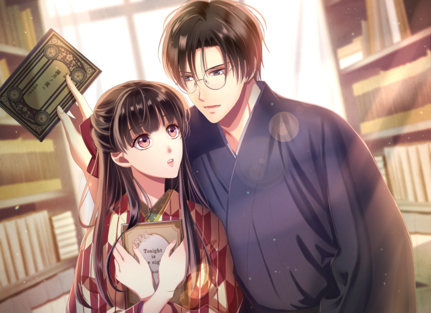 1boy, 1girl, black_hair, blurry, blurry_background, book, bookshelf, bow