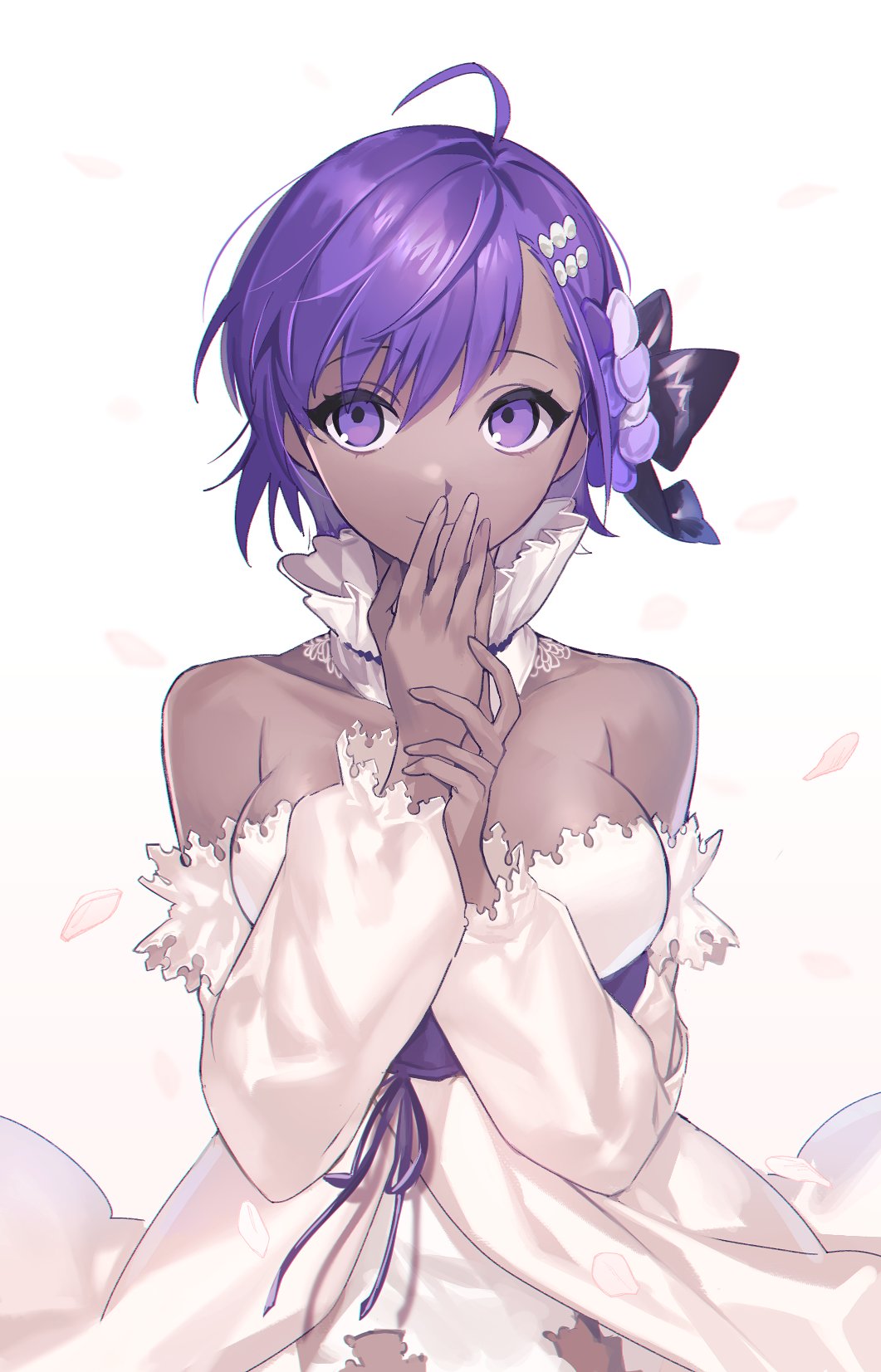 1girl, bangs, bare_shoulders, black_bow, bow, breasts, closed_mouth, collar