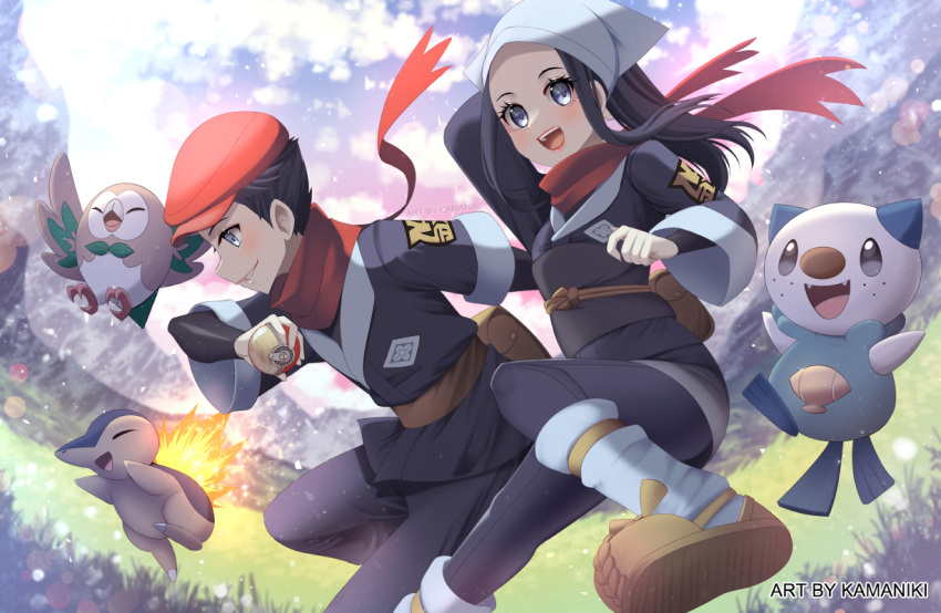 1boy, 1girl, :d, blue_eyes, blue_hair, cyndaquil, day, female_protagonist_(pokemon_legends:_arceus)