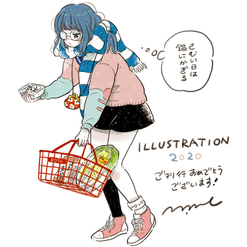 1girl, 2020, asymmetrical_legwear, bangs, basket, black_legwear, blue_hair, blush