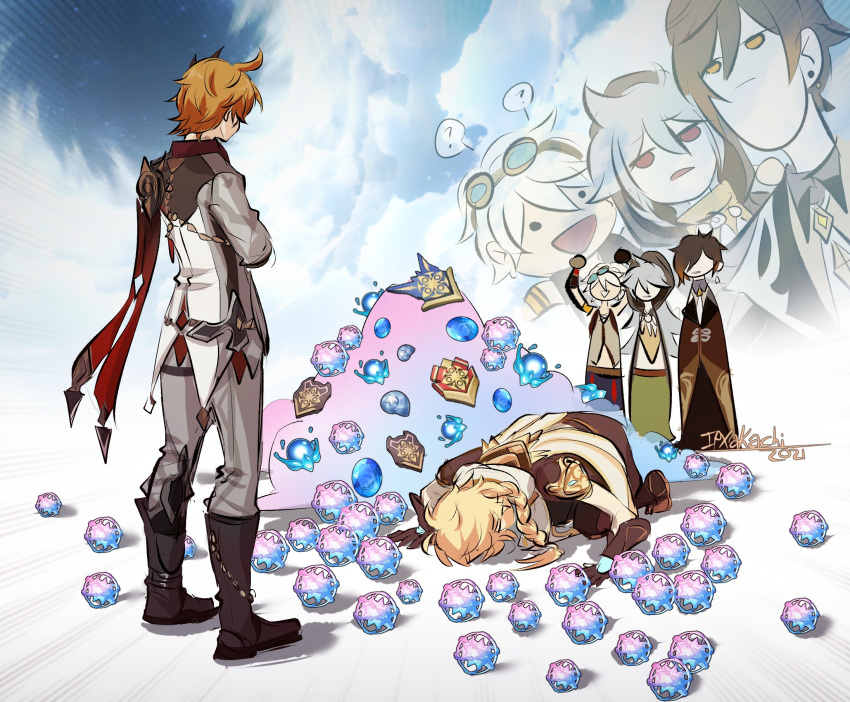 5boys, ?, aether_(genshin_impact), ahoge, bangs, bennett_(genshin_impact), black_footwear, blonde_hair, boots, braid, brown_gloves, brown_hair, closed_mouth, crossed_arms, english_commentary, genshin_impact, gloves, goggles, goggles_on_head, gradient_hair, grey_hair, hair_between_eyes, highres, hood, hood_up, jacket, long_hair, male_focus, multicolored_hair, multiple_boys, open_mouth, orange_hair, orz, pants, razor_(genshin_impact), red_scarf, scarf, signature, single_braid, spoken_question_mark, standing, tartaglia_(genshin_impact), white_hair, xeiv, zhongli_(genshin_impact)