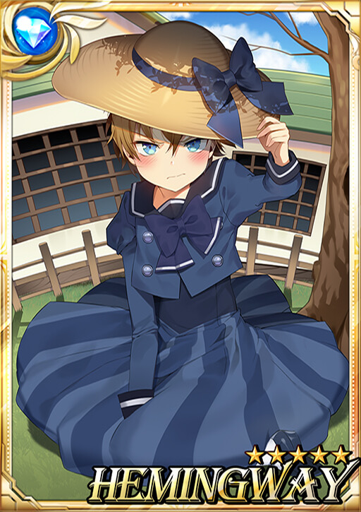 1boy, angry, annoyed, blonde_hair, blue_eyes, blush, carchet, card_(medium), character_name, child, crossdressinging, day, dress, embarrassed, hair_between_eyes, hat, hemingway_(sid_story), male_focus, otoko_no_ko, outdoors, sid_story, sky, solo, sun_hat, younger