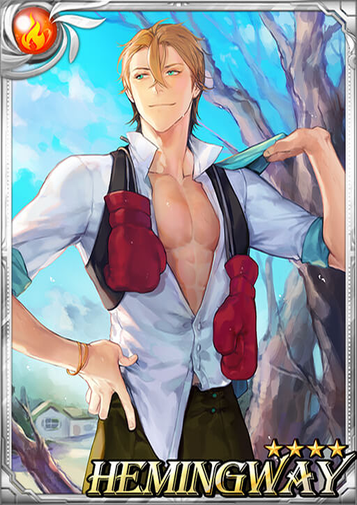 1boy, blonde_hair, blue_eyes, boxing_gloves, card_(medium), day, hair_between_eyes, hemingway_(sid_story)