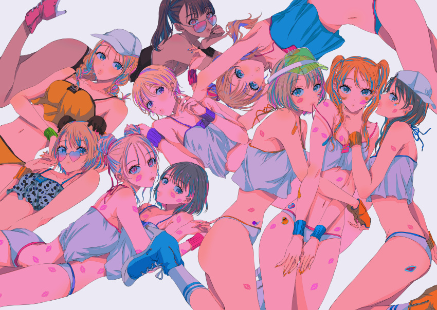 6+girls, absurdres, aqua_camisole, aqua_eyes, aqua_footwear, aqua_panties, bangs, black_camisole