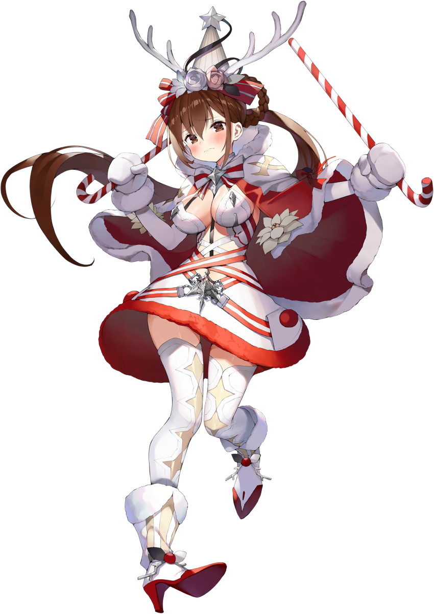 1girl, antlers, bangs, blue_oath, blush, boots, bow, breasts