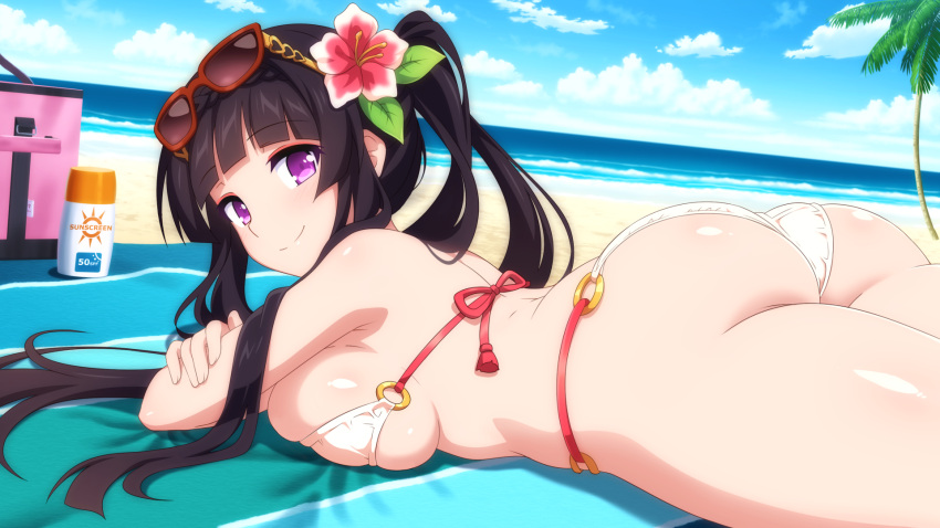 1girl, ass, bangs, beach, bikini, black_hair, blunt_bangs, breasts