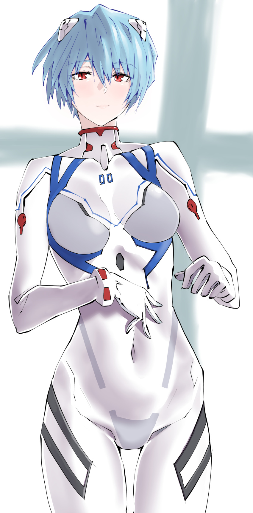 1girl, absurdres, ayanami_rei, blue_background, blue_hair, bodysuit, breasts, covered_navel