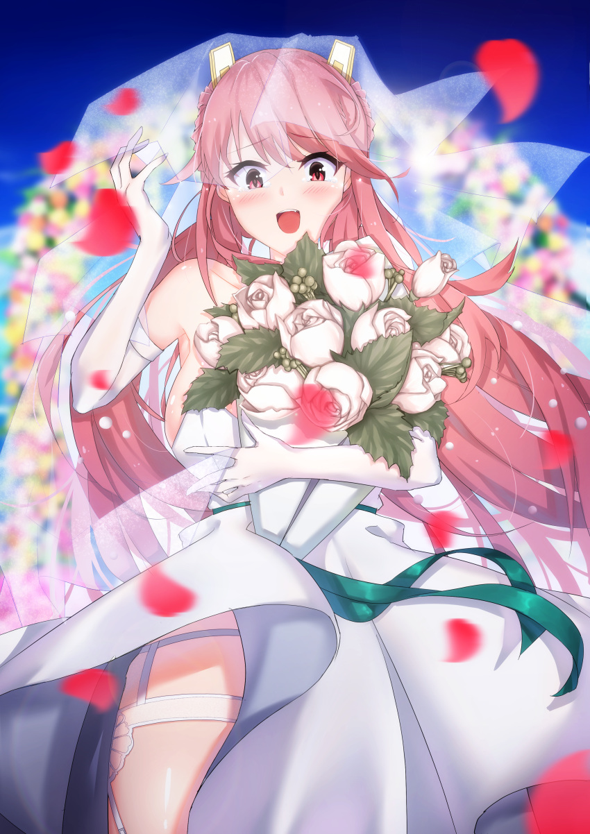 1girl, absurdres, blush, bouquet, bride, dress, elbow_gloves, eyebrows_visible_through_hair