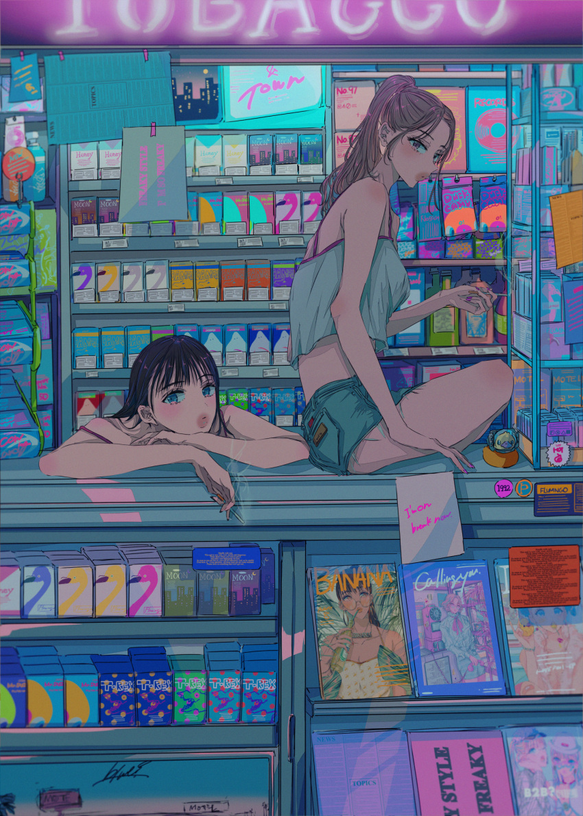 2girls, black_hair, blue_eyes, blue_shorts, brown_hair, camisole, cigarette, counter