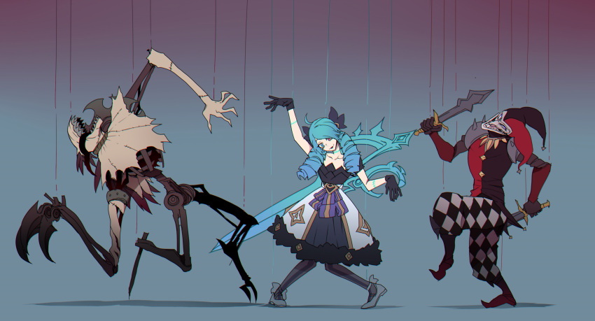 1girl, 2boys, absurdres, arm_up, black_gloves, blue-eyes_white_dragon, blue_hair, checkered
