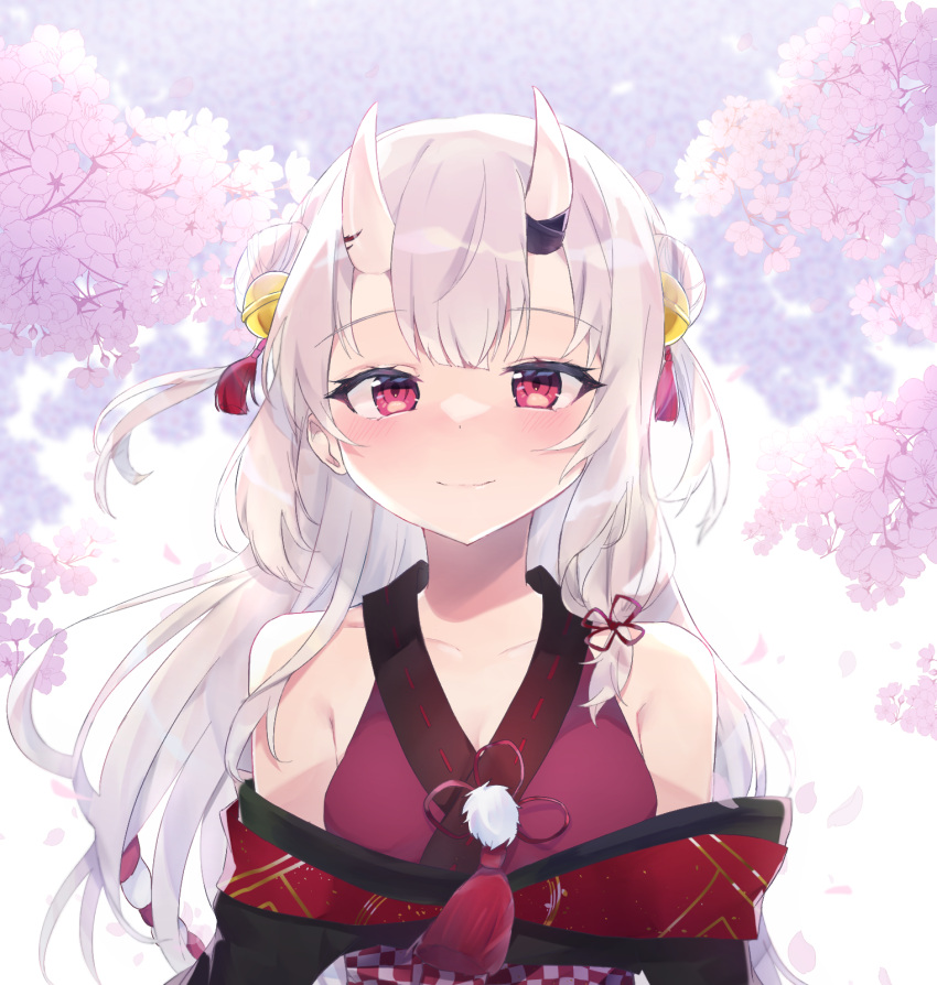 1girl, bangs, bell, blush, breasts, cherry_blossoms, collarbone, double_bun