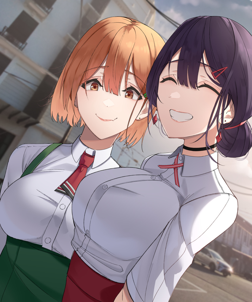 2girls, absurdres, bangs, black_choker, breasts, brown_eyes, choker, city