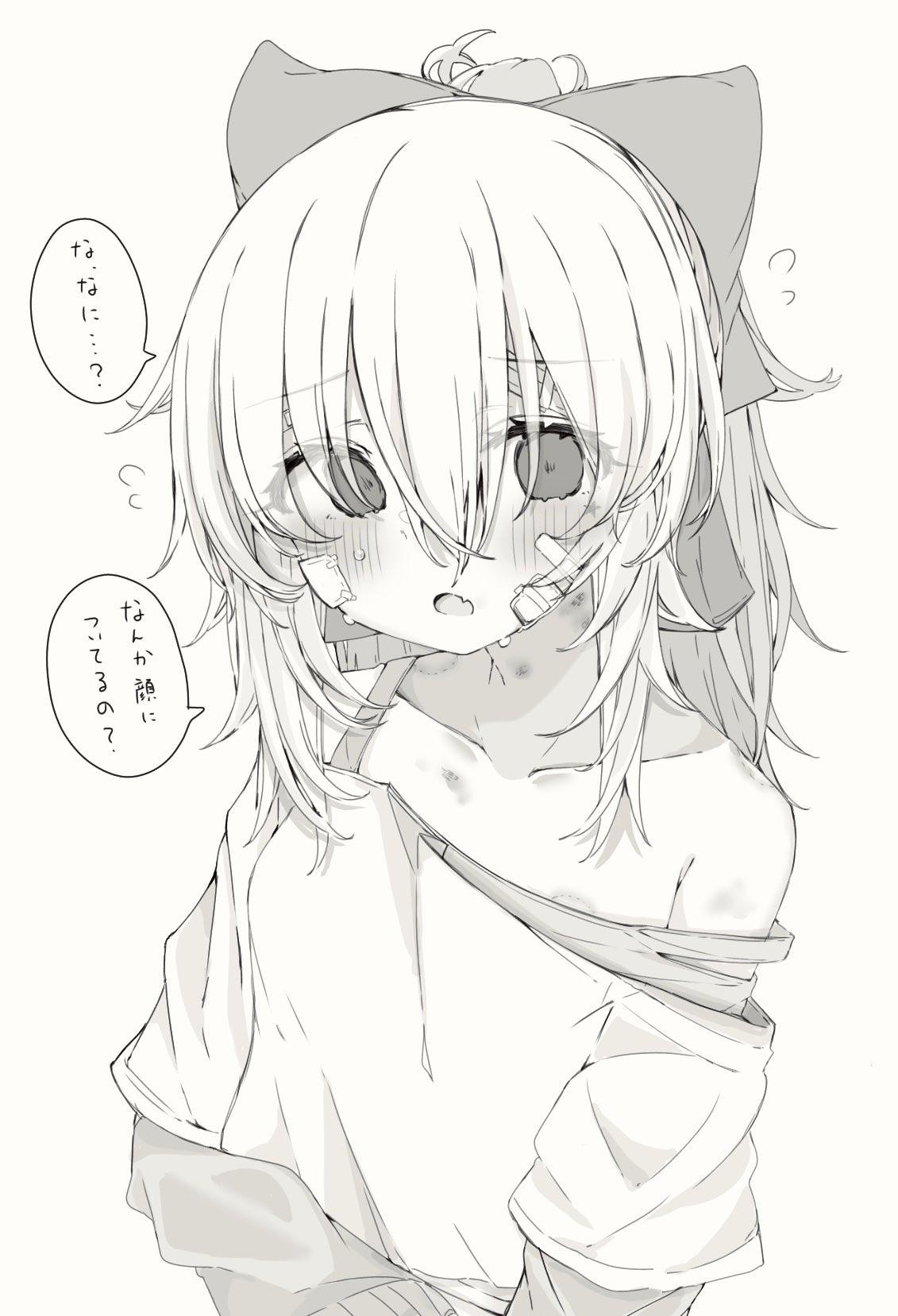 1girl, bandaid, bandaid_on_face, bow, bruise, bruise_on_face, crop_top, fang