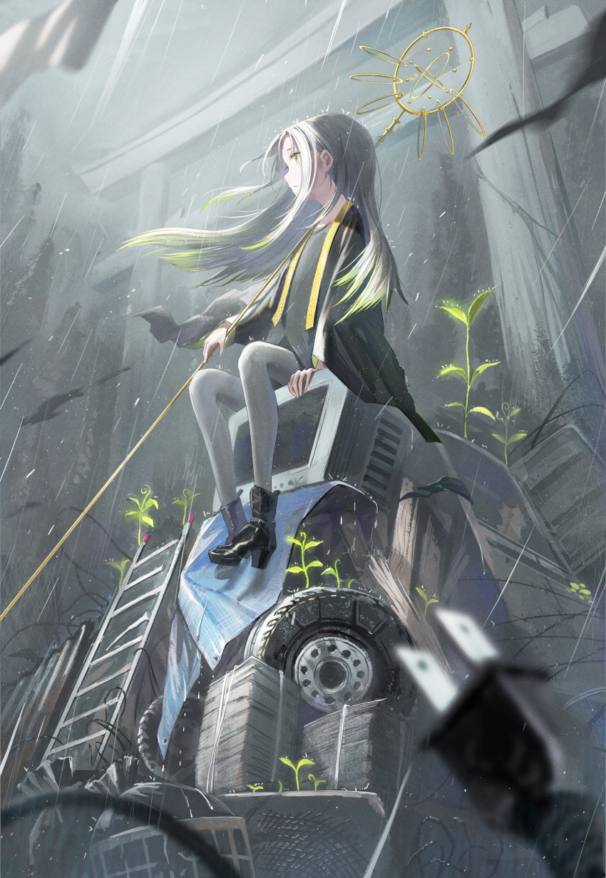 1girl, absurdres, black_coat, black_footwear, blurry, blurry_foreground, boots, coat